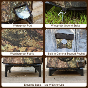 Weatherproof outdoor cat house with waterproof port, windproof ground stake, built-in camera pocket, and adjustable elevated base for stability and dryness.
