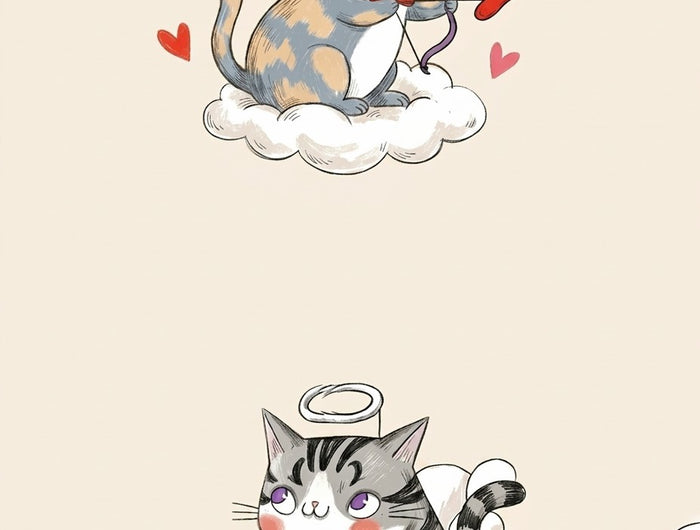 Two cartoon cats with angel and cupid costumes on clouds with hearts around.