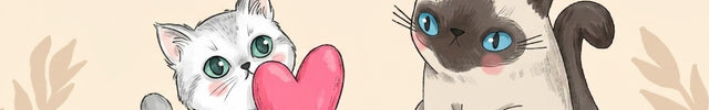 Two cartoon cats with a heart on a beige background
