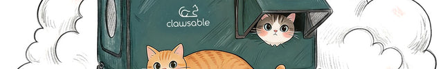 Illustration of a green pet tent with cats on top and inside, featuring the brand 'G2 clausable'.